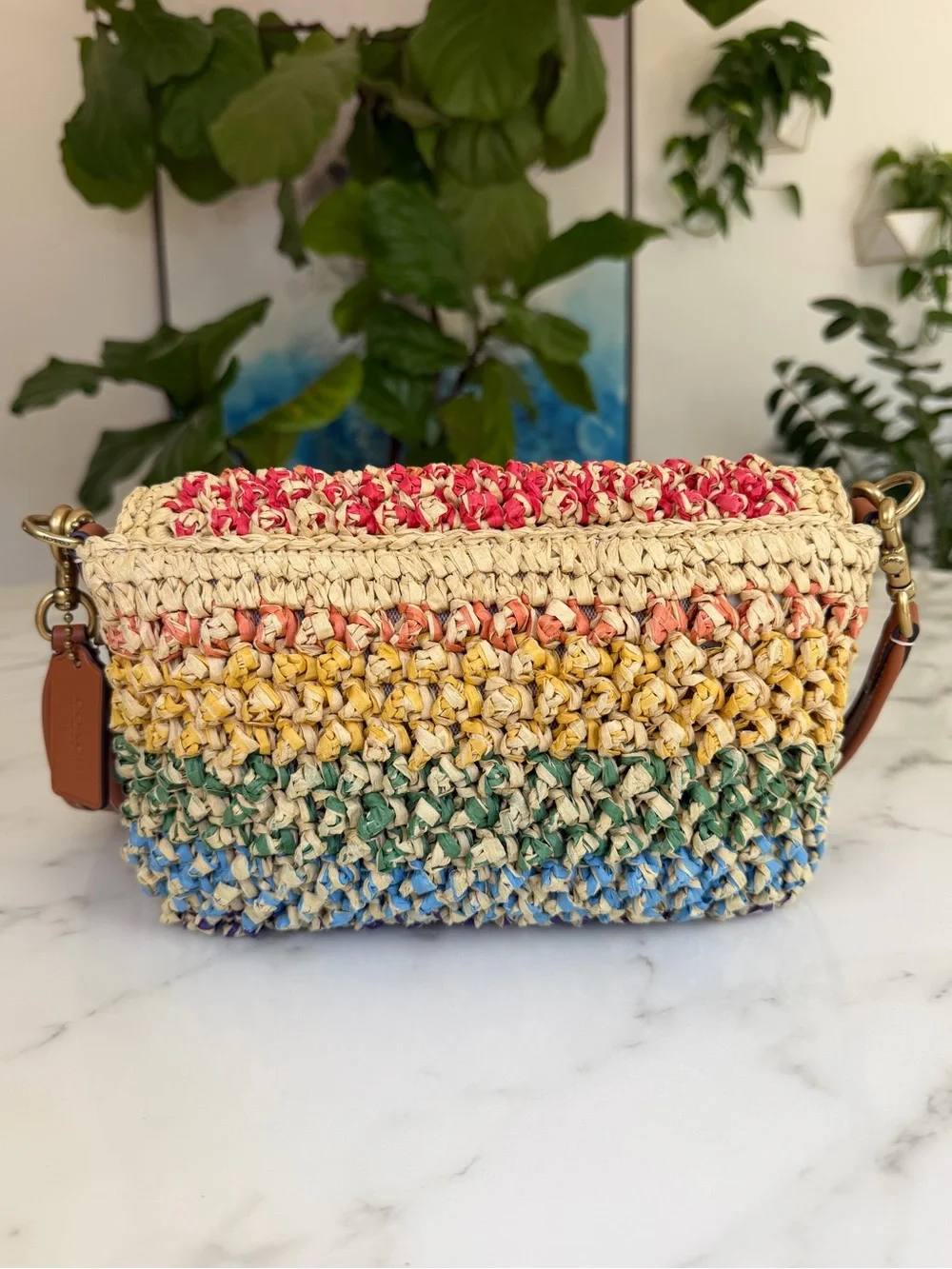 NWOT Coach Soft Tabby Shoulder Crossbody Bag Rainbow Woven Straw & Leather CJ640 - Picture 3 of 16
